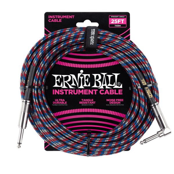 Ernie Ball 25' BRAIDED STRAIGHT / ANGLE INSTRUMENT CABLE - BLACK/RED/BLUE/WHITE