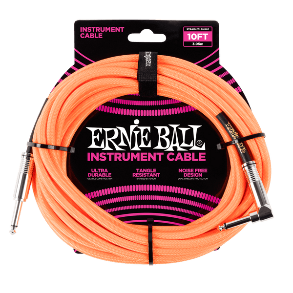 Ernie Ball 10' BRAIDED STRAIGHT / ANGLE INSTRUMENT CABLE - NEON ORANGE