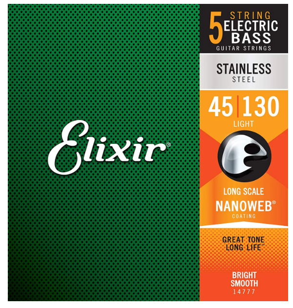 Elixir Strings Stainless Steel 5-String Bass Strings w NANOWEB Coating, Long Scale, Light (.045-.130)