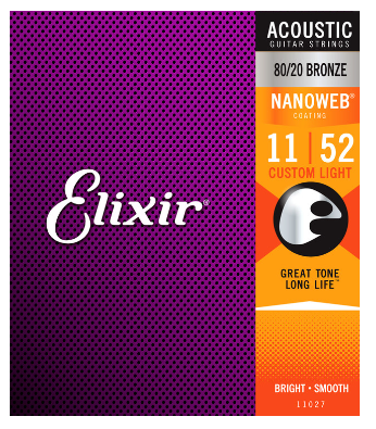 Elixir Nanoweb Coated 80/20 Bronze Acoustic Guitar Strings 11027 Custom Light 11-52
