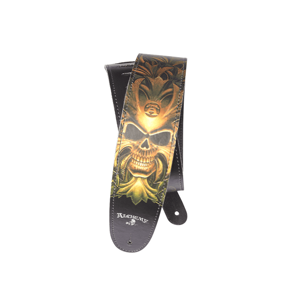 D'addario - ALCHEMY LEATHER GUITAR STRAP - Green Skull (25LAL04)