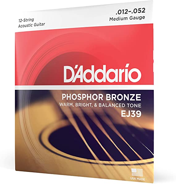 D'Addario - Phosphor Bronze - For 12 String Guitar - Warm, Bright, Balanced Tone - EJ39 - Medium, 12-String, 12-52