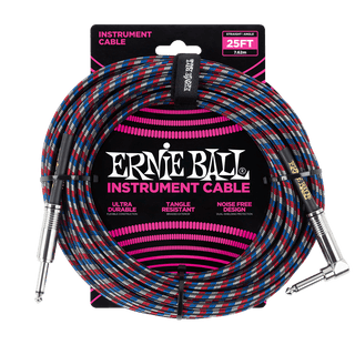 Ernie Ball 25' BRAIDED STRAIGHT / ANGLE INSTRUMENT CABLE - BLACK/RED/BLUE/WHITE
