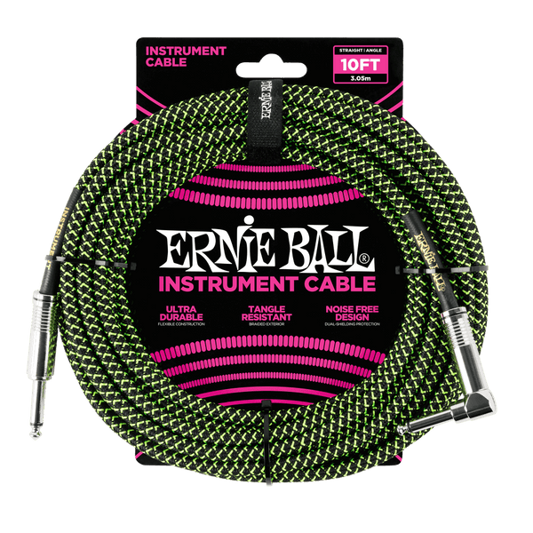 Ernie Ball 10' BRAIDED STRAIGHT / ANGLE INSTRUMENT CABLE - BLACK/GREEN