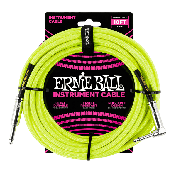 Ernie Ball 10' BRAIDED STRAIGHT / ANGLE INSTRUMENT CABLE NEON - YELLOW