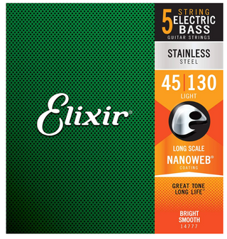 Elixir Strings Stainless Steel 5-String Bass Strings w NANOWEB Coating, Long Scale, Light (.045-.130)