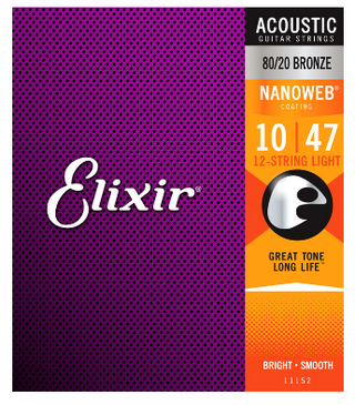 Elixir 11152 Nanoweb Coated 80/20 Bronze 12 Twelve String Acoustic Guitar Strings Light 10-47