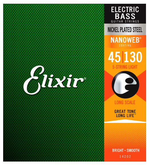 Elixir 14202 Nanoweb Coated Long Scale 5-String Bass Strings Enhanced Light 45-130