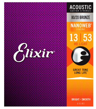 Elixir Nanoweb Coated 80/20 Bronze Acoustic Guitar Strings 11182 HD Light 13-53