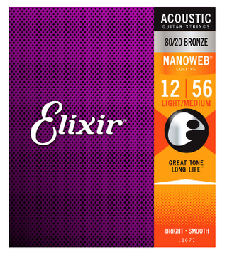 Elixir Nanoweb Coated 80/20 Bronze Acoustic Guitar Strings 11077 Light Medium 12-56