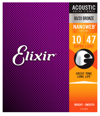 Elixir Nanoweb Coated 80/20 Bronze Acoustic Guitar Strings 11002 Extra Light 10-47